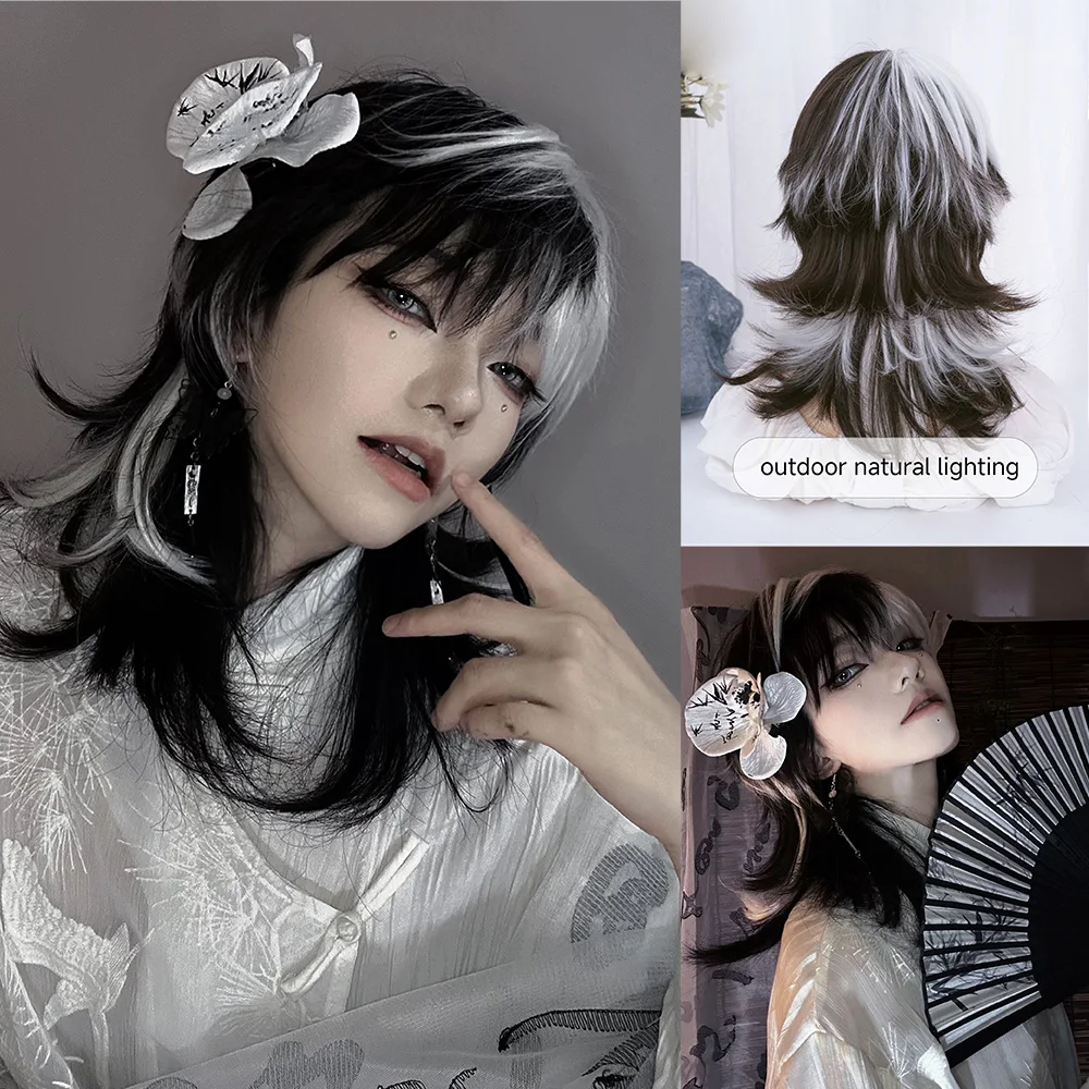 Synthetic Braided Wigs For Black Women - วิกผมสังเคราะห์สีดำและสีขาว16นิ้วพร้อมบางวิกผมเป็นลอนธรรมชาติขนาดกลางสำหรับผู้หญิงใช้ในชีวิตประจำวันทนความร้อนได้