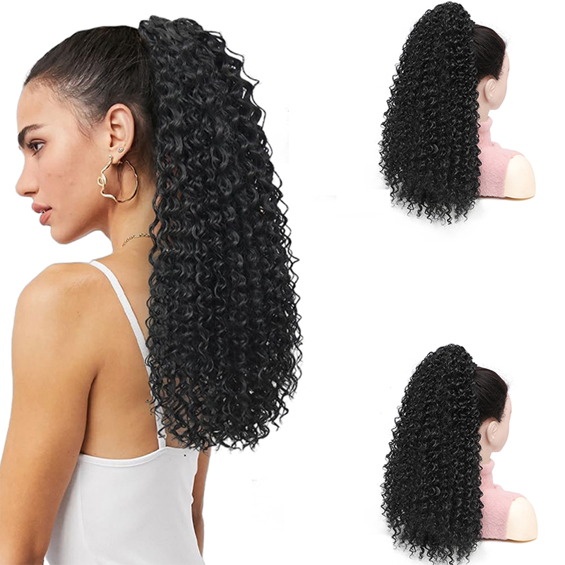 Drawstring Afro Curly Puff Ponytail - แฮร์พีซหางม้าหยิกสไตล์แอฟโฟร หางม้าปลอมสังเคราะห์ สีดำ ยาว หยิกฟู แบบมีเชือกผูก