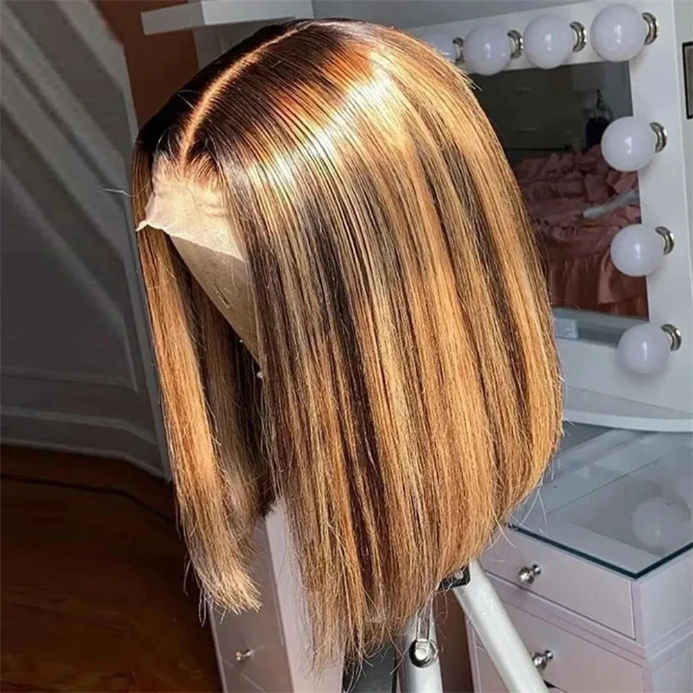 Glueless Wear And Go Human Hair Wig - วิกผมบ๊อบสีบลอนด์น้ำผึ้ง ผมแท้ P4/27 ไฮไลท์ออมเบร วิกผมแท้แบบผูกเชือกด้านหน้า 13x4