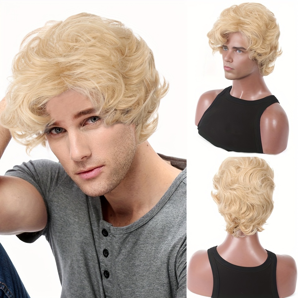 Synthetic Wigs - วิกผมสีบลอนด์สำหรับผู้ชาย วิกผมสั้นหยักศกฟู วิกผมสังเคราะห์ สำหรับแต่งกาย งานปาร์ตี้ คอสเพลย์