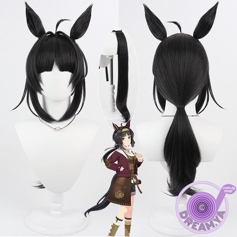 Synthetic Wigs - โลโกไทต์คอสเพลย์วิกผมอุมะ มุสุเมะ พริตตี้ ดาร์บี้สีดำยาวทนความร้อนผมสังเคราะห์ปาร์ตี้ฮาโลวีนเล่นบทบาทสมมติ+ ฟรีหมวกคลุมผม