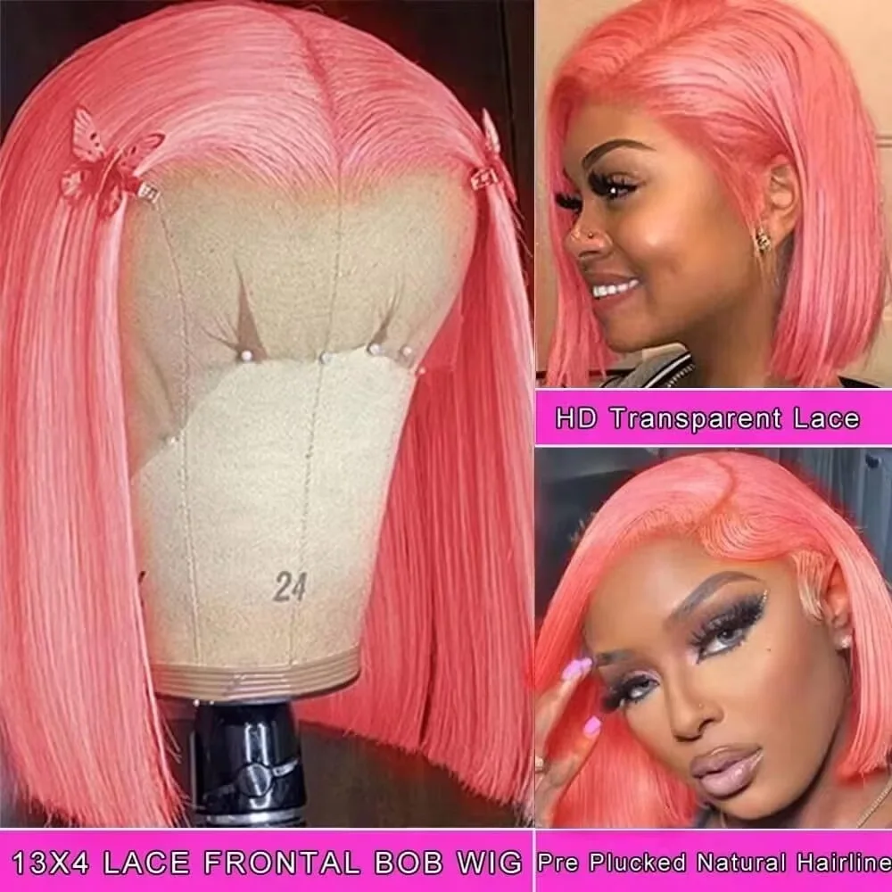 Pre Parted 13X4 Lace Front Bob Wig - วิกผมบ๊อบสีชมพู 10 นิ้ว ผมแท้ ความหนาแน่น 180%